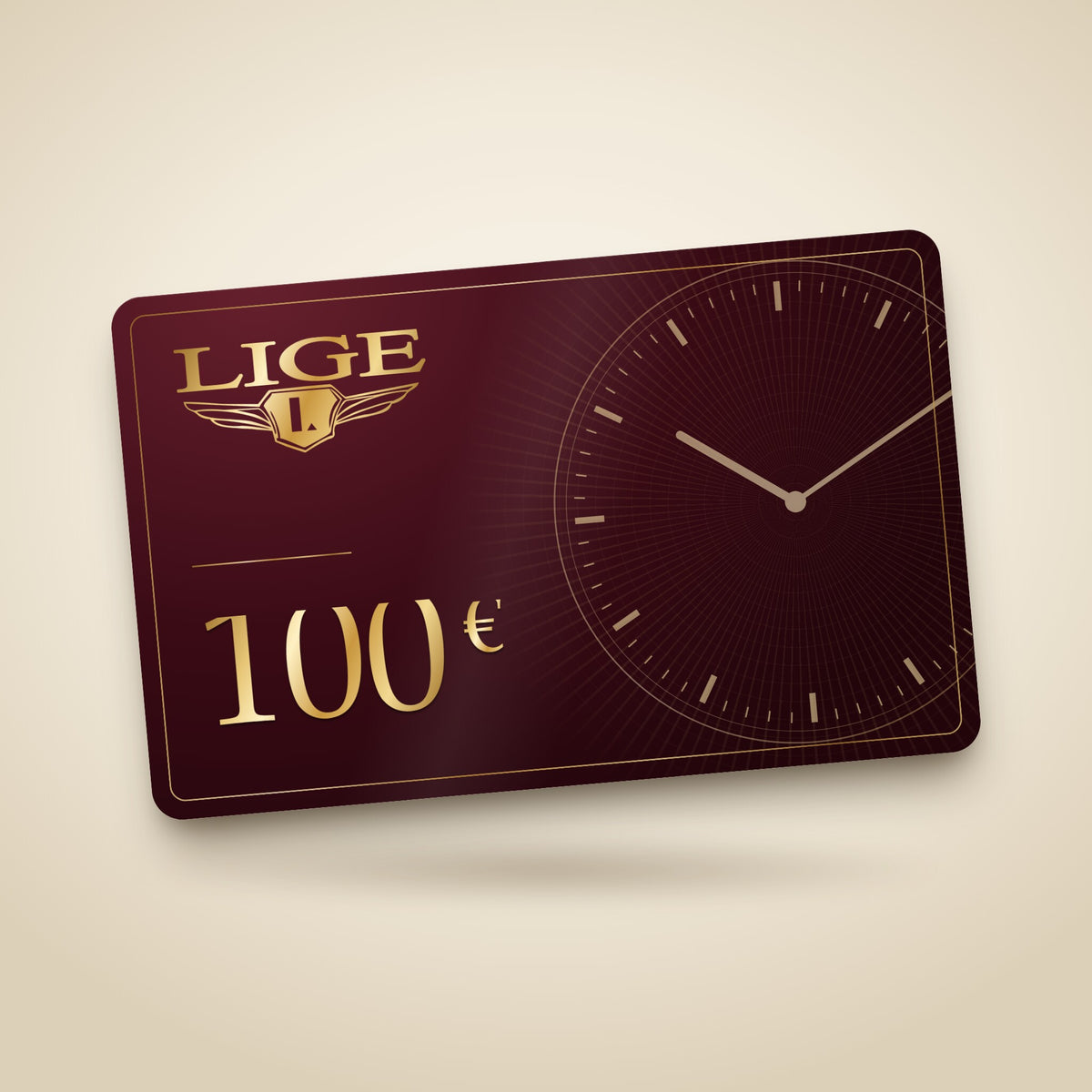 Carte cadeau LIGE de 100 € bordeaux, logo doré et cadran de montre en filigrane