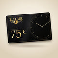 Carte cadeau LIGE de 75 € noire, logo doré et cadran de montre en filigrane